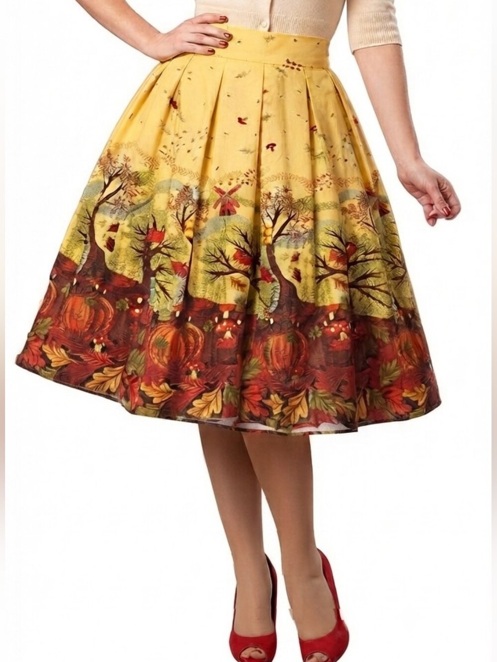 Vintage Fall Autumn Harvest Fox Owl Pumpkin Print A-Line Midi Skirt Pin Up